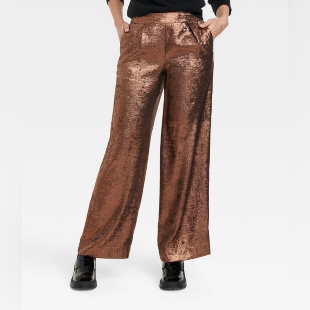 Women's Plus Size High-Rise Metallic Wide Leg Pants - A New Day™ Copper 1X